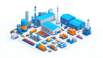 A colorful, isometric representation of an industrial complex, featuring various buildings, storage tanks, and organized materials.