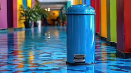 Vibrant hallway featuring a blue trash can and colorful walls with artistic flooring design