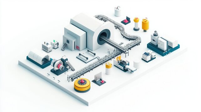 A modern industrial setup featuring machinery, conveyor belts, and various equipment arranged in a clean, minimalist style.
