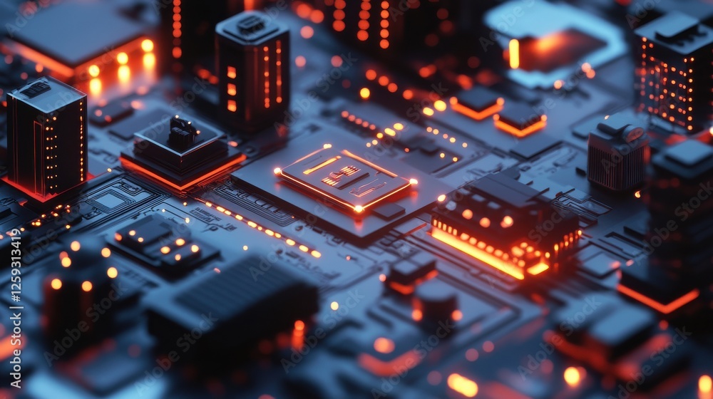 Poster futuristic circuit board with glowing lights and digital structures