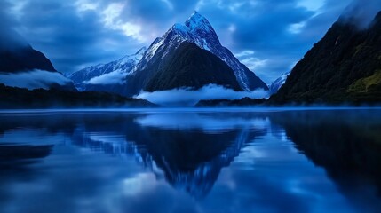 Obraz premium Majestic mountain lake reflection, twilight serenity, fjord landscape, travel poster