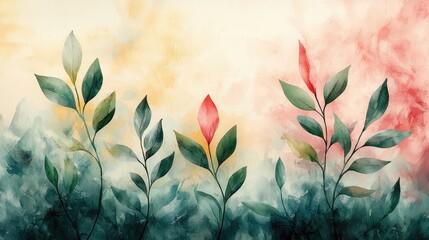 Vibrant watercolor painting of blossoming plants against a soft, colorful background