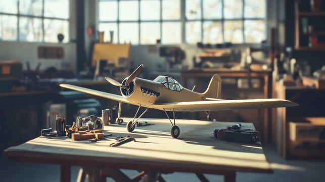 High-resolution photo of a model airplane in a detailed workshop. Afternoon light casting realistic shadows. Emphasizing precision and craftsmanship. Perfect for hobby and model building content.