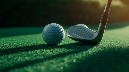 High-resolution photo of a set of golf clubs and balls on a green. Soft evening light highlighting the equipment. Emphasizing sport and precision. Perfect for golf and sports content.