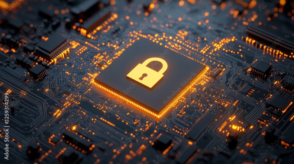 Poster digital security lock illuminated on circuit board