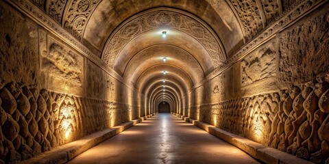 Obraz premium Illuminated Passageway Ancient Stone Carvings Adorn the Walls of a Long, Arched Corridor, Softly Lit by Recessed Lights, Creating a Mystical Atmosphere.
