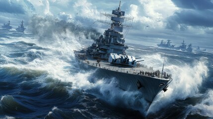 Majestic Battleship Navigating Stormy Seas Under Dramatic Sky