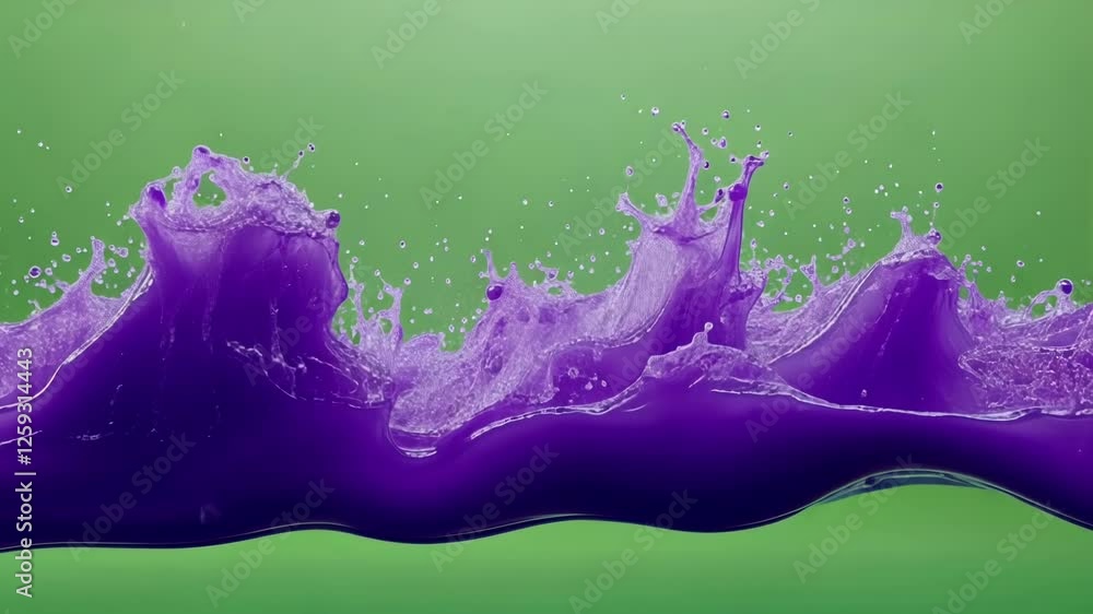Poster dynamic purple liquid dropping and splashing, creating expansive wave patterns and dispersing drople