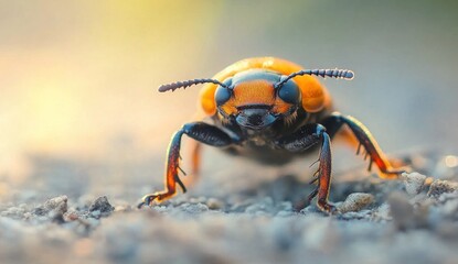 Close-up of a vibrant orange and black beetle on the ground during sunset
