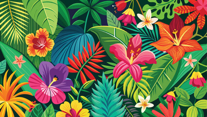 A vivid background filled with exotic flowers like orchids, hibiscus, and bird-of-paradise in bright colors, with lush green leaves. tropical flower background