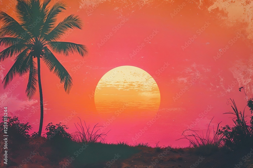 Poster sunset orange pink gradient background with vignette and grain texture for creative projects