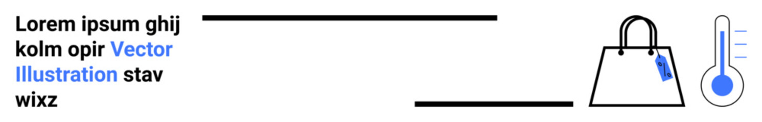 Minimalist shopping bag with price tag beside thermometer displaying temperature levels. Ideal for online shopping, sales, discounts, retail, commerce, weather impact, market trends, flat landing