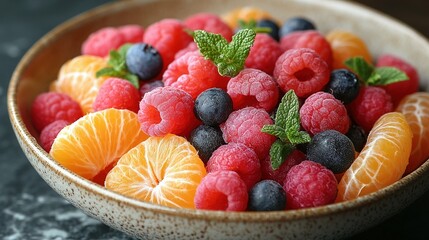 Fresh Raspberries Blueberries and Mandarin Segments in a Bowl