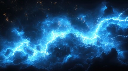 Dramatic electric storm clouds illuminated with bright blue lightning in a dark sky background