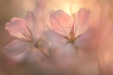 Fototapeta premium Delicate cherry blossoms with morning sunlight filtering through the petals in a spring landscape