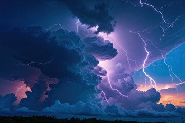 Dramatic Dark Storm Clouds with Lightning Against a Bright Blue Sky