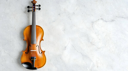 Violin on marble background, music instrument, overhead view, copy space