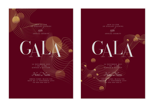 Charity gala dinner invitation features flowing, minimalist organic silver lines, gold particles on burgundy background, adding a touch of sparkle and dynamism