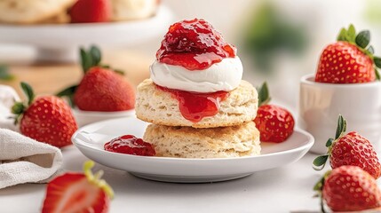 Artistic angle of a freshly baked scone oozing with sweet strawberry jam and clotted cream, on a white porcelain plate with a soft linen napkin, tea time charm