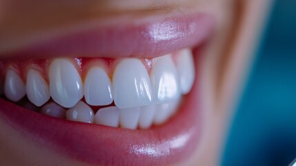 Fototapeta premium Close-up smiling woman's teeth, dental clinic background