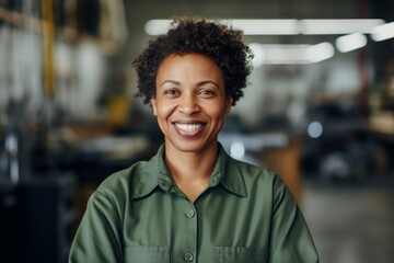 Portrait of a smiling middle aged African American female car mechanic