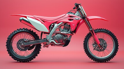 A vibrant red dirt bike showcased against a solid pink background, emphasizing its design and features