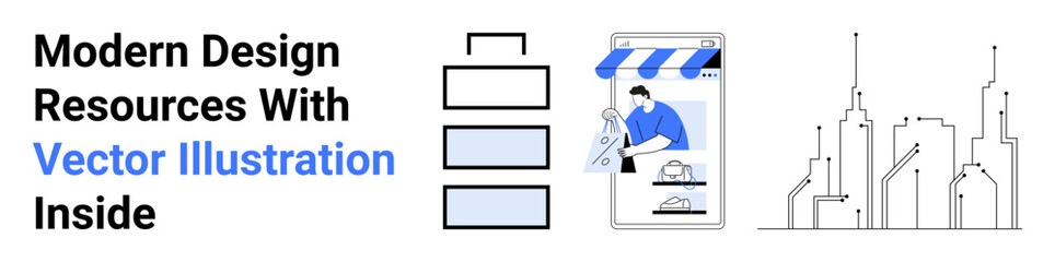 Stack of elements, shop facade with user and device, abstract city skyline. Ideal for e-commerce, business solutions, digital interface, web design, urban planning, tech flat landing page banner