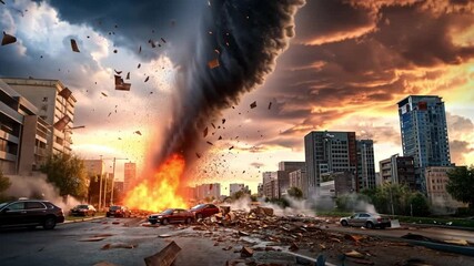 Urban Devastation: A terrifying scene of a monstrous tornado tearing through an urban landscape, with debris flying through the air, cars overturned, and buildings in flames.