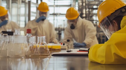 Chemical safety training session. Featuring trainers and participants in a safety workshop. Emphasizing chemical safety practices and procedures. Ideal for safety training and educational content.