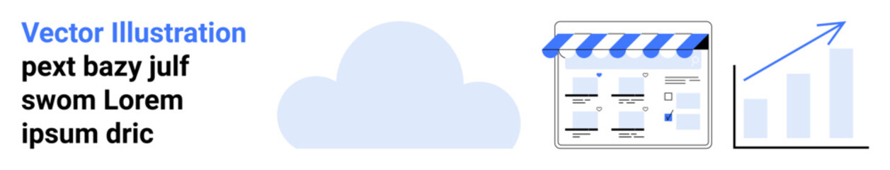 Cloud graphic, internet storefront with awning, rising bar chart with arrow, blue and white colors. Ideal for web development, cloud services, e-commerce, data analytics, business growth technology