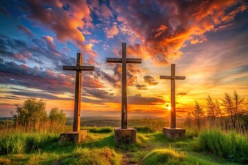 Obraz premium Three Wooden Crosses at Sunset on a Hilltop, a Serene and Peaceful Landscape Scene