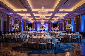 Premium Event Venue for Corporate Gatherings Featuring Tailored Table Designs and Sophisticated Lighting