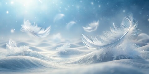 Ethereal White Feathers Drifting Gently Across a Serene Winter Landscape, a Symbol of Peace and Tranquility