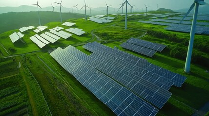 Clean energy plant. Featuring solar panels and wind turbines. Highlighting renewable energy production. Ideal for sustainability reports.