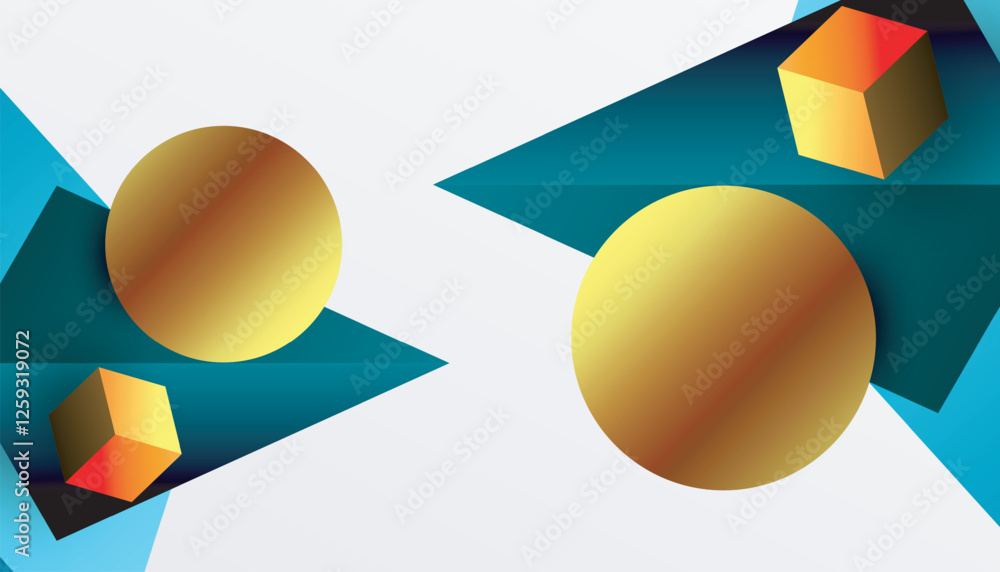 Poster Abstract design showcasing isometric cubes, pyramids, squares, and spheres in a vibrant 3D layout. Modern and dynamic, perfect for tech, design, or futuristic themes