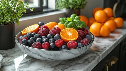 Fototapeta premium Fresh Raspberries Blueberries and Oranges in a Bowl