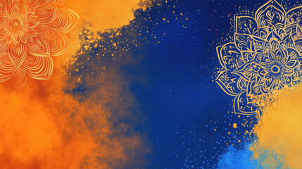Vibrant abstract background with blue and orange color splashes featuring intricate mandala patterns perfect for artistic spiritual or decorative use
