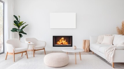 Modern living room with fireplace, cozy seating, and blank TV screen for design mockups