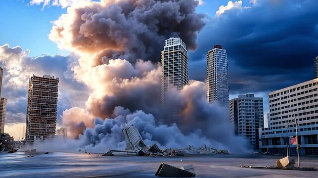 Controlled Demolition: A dramatic view of a building implosion in a city, with a massive plume of dust and debris billowing into the air, a symbol of change and progress.