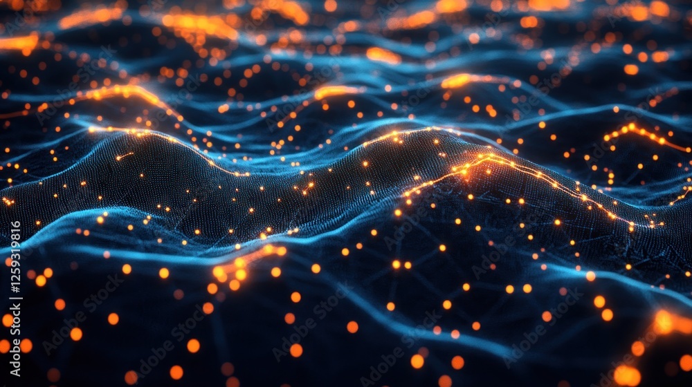 Poster abstract wavy data visualization with glowing particles
