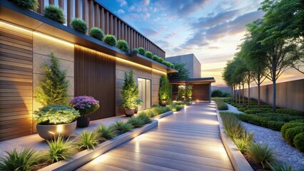 Fototapeta premium Illuminated Pathway to Modern Residence with Lush Landscaping at Dusk