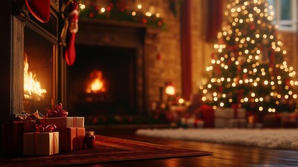 Christmas tree and presents in front of fireplace. Christmas scene with a cozy christmas decor. Greetings to the season with a tree in the fireplace. A fireplace with a christmas tree lifestyle and.