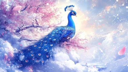 majestic peacock perched amidst delicate cherry blossoms soft clouds ethereal ambiance serene beauty