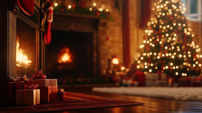 Christmas tree and presents in front of fireplace. Christmas scene with a cozy christmas decor. Greetings to the season with a tree in the fireplace. A fireplace with a christmas tree lifestyle and.
