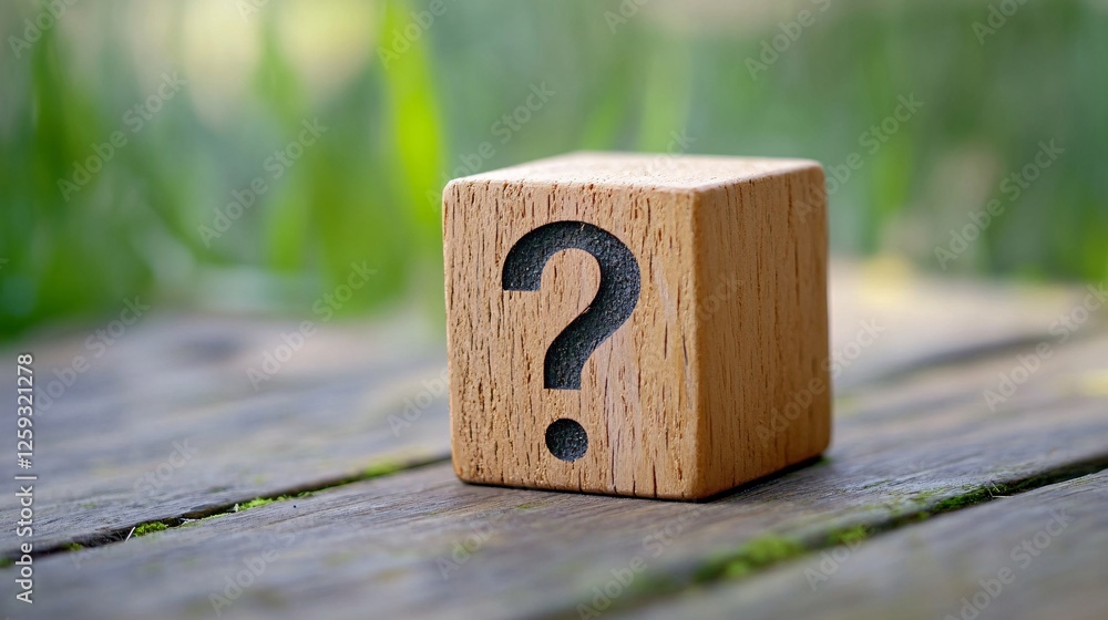 Poster Wooden cube displaying question mark on rustic surface