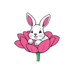 Smiling Rabbit Snuggling in Flower Vector Illustration for Children