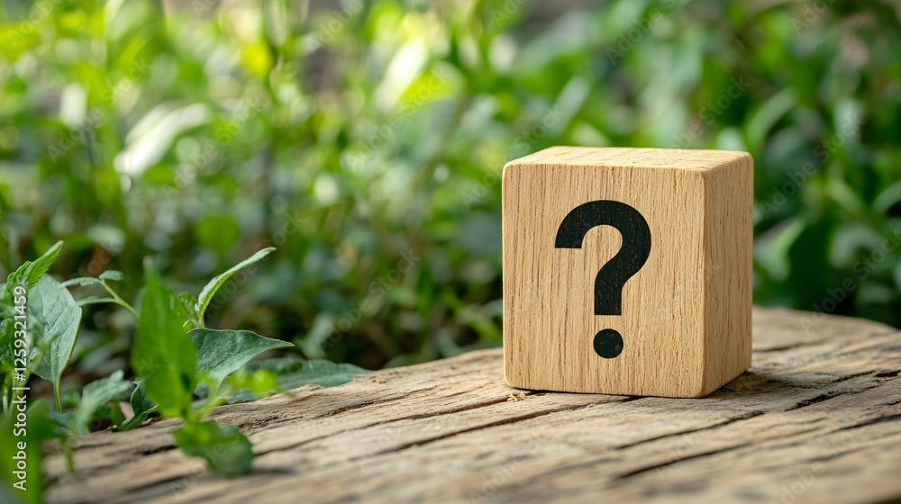 Poster question mark symbol displaying on wooden cube over green leaves background