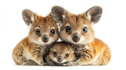 Obraz premium Three adorable koalas cuddling together in a cozy arrangement against a plain background