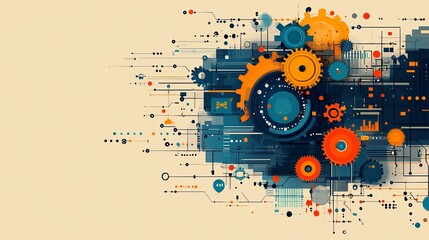 Obraz premium Abstract Graphic Featuring Colorful Gears and Coding Elements