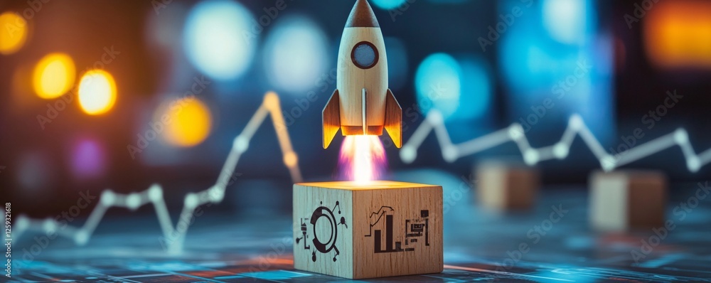 Aufkleber miniature rocket launching from wooden block with business growth graph